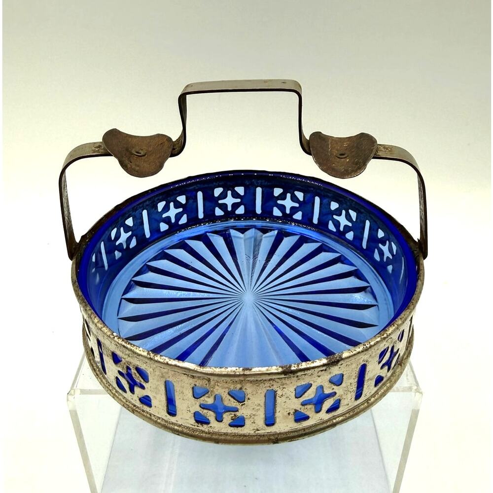 Vintage Cobalt Blue Depression Glass Ashtray W/Silver Filigree Basket